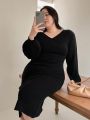 Dazy Plus Plus Size V-neck Long Sleeve Dress