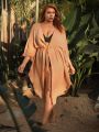 SHEIN Leisure Plus Size Solid Color Batwing Sleeve Drawstring Waist Kimono Dress