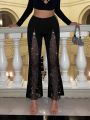 SHEIN ICON Contrast Sequin Mesh Flare Leg Club Pants