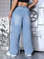 SHEIN ICON Plus Size Workwear Denim Jeans With Side Flap Pockets