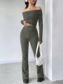 Women's Off Shoulder Ribbed Top And Pants Two-piece Set