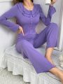 Double-layered Ruffle Neckline And Scalloped Edge Design Long Sleeve And Pants Homewear Set