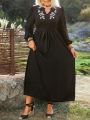 Plus Size Floral Embroidered Lantern Sleeve Dress With Notched-Neckline