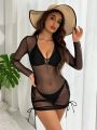 SHEIN Swim BAE Solid Color Bikini Set With Knotted Side Details And Mesh Cover Up Dress