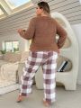 Plus Size Womens' Plush Top And Checked Pants Pajama Set