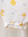 3pcs/Set Baby Girls' Solid Color And Printed Short Sleeve Bodysuit With Daisy, Sun, Face, Rainbow And Polka Dot Pattern