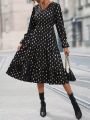 Gold Dot Print Flounce Sleeve Ruffle Hem Dress