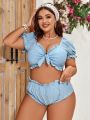 SHEIN Swim Mod Plus Size Solid Color Hollow Out Embroidery Bikini Set