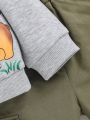 SHEIN Baby Boys' Cartoon Animal Pattern Round Neck Sweatshirt With Decorative Pocket & Solid Color Overalls Set