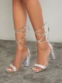 Diamante Detail Strappy Lace Up Block Heels