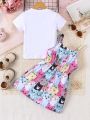 SHEIN Kids QTFun Girls Solid Color Short-Sleeved T-Shirt And All-Over Cartoon Print Suspender Dress Two-Piece Set