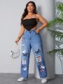 Women's Plus Size Butterfly Pattern Printed Straight Leg Jeans With Distressed Detail