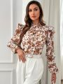 SHEIN Privé Printed Ruffle Hem Fitted Shirt