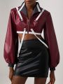 Clothing That Speaks Contrast Tape Zip Up Crop PU Leather Jacket