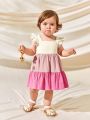 Cozy Cub Baby Girl Square Neck Short Sleeve Colorblock Patchwork Dress