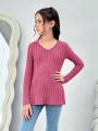 SHEIN Kids HYPEME Teenage Girls' Casual Knitted Solid Color Round Neck Long Sleeve Top For Street Style