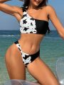 SHEIN Swim Vcay Ladies' One Shoulder Swimsuit With Cow Print, Swimming Suit Set