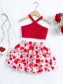 Young Girl Red And White Heart-shaped Casual Halter Top And Shorts Set For Summer