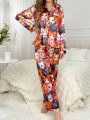 Colorful Cat Print Turn-Down Collar Imitation Silk Pajama Set