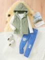 Toddler Girls' White Waffle-knit Long Sleeve Top + Plush Hooded Sleeveless Jacket, Denim Print Pants Outfit For Fall And Winter