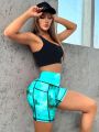 Yoga Funny Tie Dye Top-stitching Wideband Waist Sports Shorts With Phone Pocket