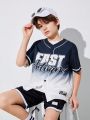 SHEIN Boys' Loose Fit Sports Letter Pattern Short Sleeve Shirt