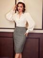 SHEIN DECDS Vintage Elegant Women's 2pcs Plaid Patchwork Turn-Down Collar V-Neck Long Sleeve Shirt & High Waisted Bodycon Skirt Set