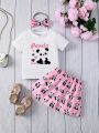Baby Girl Cute Panda Short Sleeve Top And Skirt Set For Summer