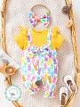 SHEIN 2pcs/Set Casual And Lovely Easter Style Jumpsuit With Colorful Bunny Pattern And Bowknot For Baby Girls, Including Hair Band