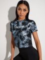 Yoga Trendy Letter Graphic Tie Dye Sports Tee