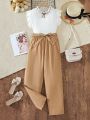 Teenage Girls' Ruffle Trim Round Neck Top With Bowknot Decoration And Casual Pants 2pcs/Set