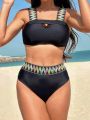 SHEIN Swim BohoFeel Chevron Tape Cut Out High Waisted Bikini Swimsuit