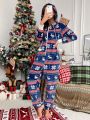 Christmas Pattern Zip Up Drawstring Hooded Sleep Jumpsuit