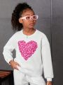 SHEIN Kids Cooltwn Tween Girl Heart Print Drop Shoulder Pullover