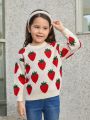 SHEIN Kids KDOMO Girls' College Style Loose Fit Round Neck Sweater With Long Sleeve