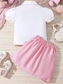 SHEIN Kids FANZEY Tween Girls' Ladylike Multi-Layered Ruffle Trim Blouse And Bowknot Decorated Skirt Set