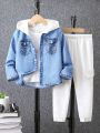 Little Boys' Hooded Printed Denim Look Top With Solid Color Pants Outfit Set