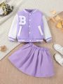 Little Girls' Letter Printed Baseball Jacket And Skirt Set