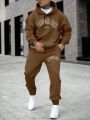 Men's Plus Size Letter Print Drawstring Hoodie And Sweatpants Set