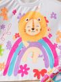 SHEIN Kids QTFun Little Girls' 2pcs Cute Lion Printed Short Sleeve T-Shirt And Cartoon Printed Shorts Set For Summer