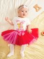 SHEIN Newborn Baby Girls' Short Sleeve Cartoon Print Romper With Mesh Tutu Skirt Set