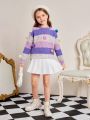 SHEIN Kids CHARMNG Tween Girls' Romantic Loose Fit Color Block Sweater With Pom-pom Embellishments And Round Neckline