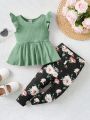 SHEIN Baby Girl Flounce Trim Round Neck Top And Flower Print Pants Casual Outfit