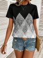 Women's Short Sleeve T-Shirt With Glitter Print Effect