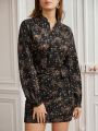 SHEIN Frenchy Flower Pattern V-neck Lantern Sleeve Dress