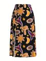 Dany Xavier Women's Palm Tree Sun Moon Star Bird Eye Print High Slit Skirt