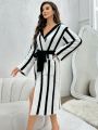 Women's Hooded Striped Belted Robe