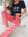 Cartoon Letter Printed Pajamas Set