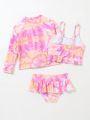 Toddler Girls' Tie Dye Ruffled Hem Tankini Swimsuit Set With Raglan Sleeve Swimwear Top