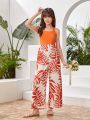 Teen Girl Tropical Print Splicing Halter Wide Leg Jumpsuit